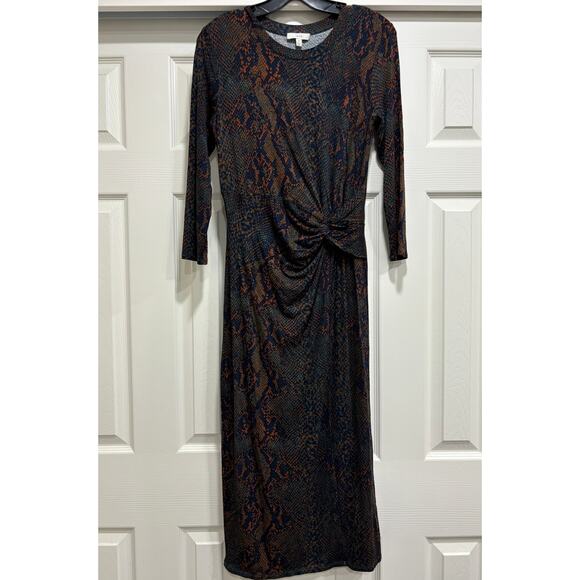 Joie Meika Printed Midi Sheath Dress Peacock Snakeskin Size Medium 3/4 S… - Picture 1 of 5